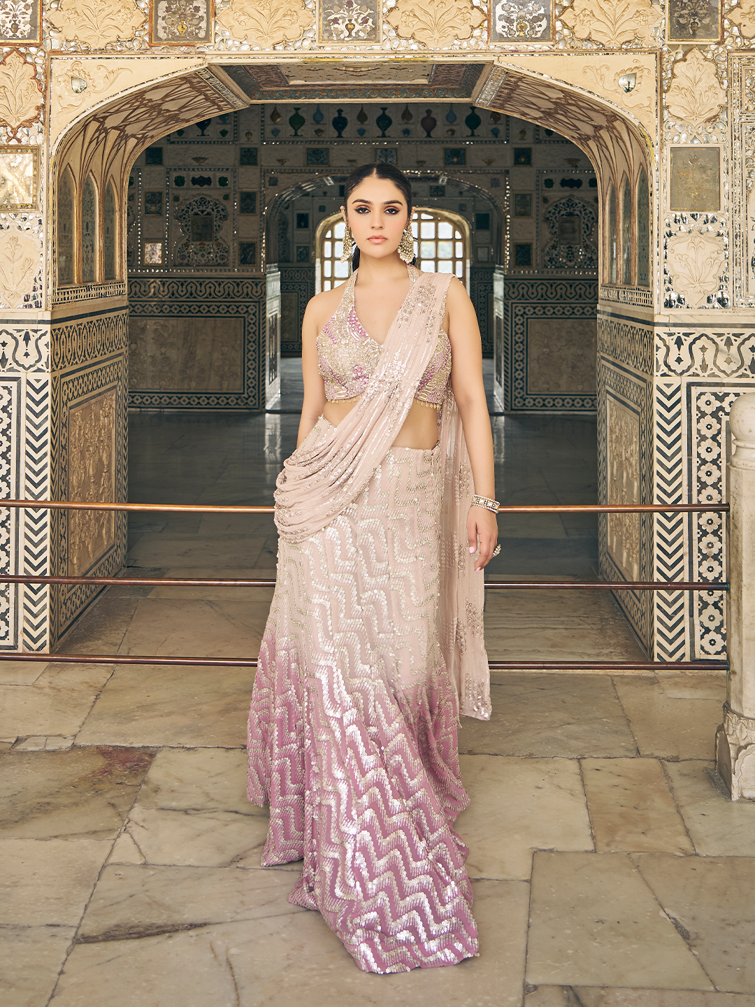Pink Sequins & Stone Indo-Fusion Lehenga