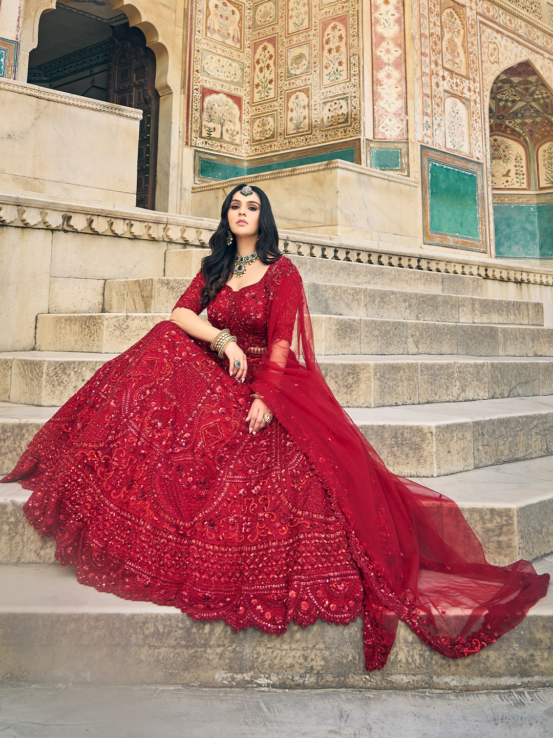 Red Net Bridal Lehenga