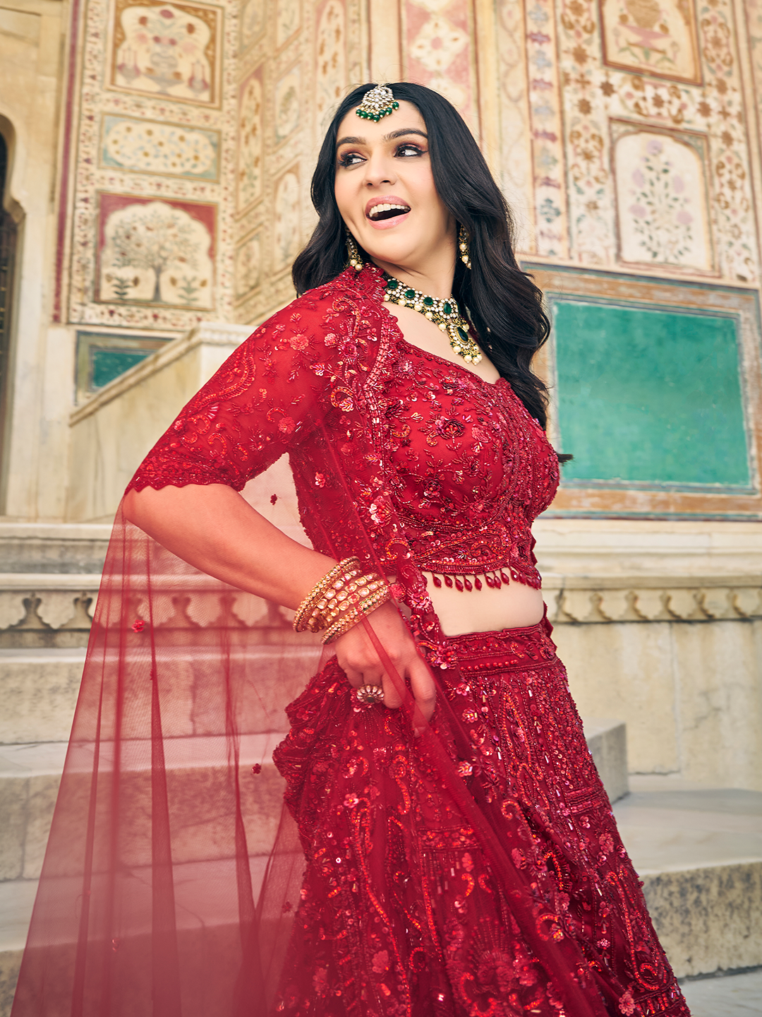 Red Net Bridal Lehenga