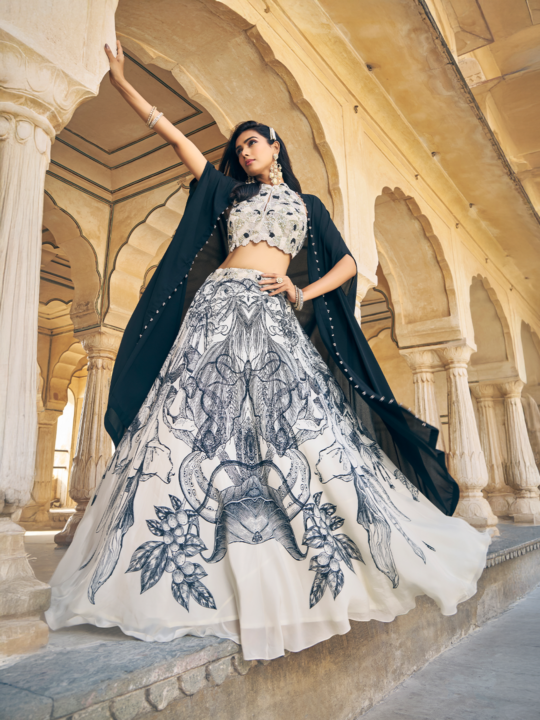 Off-White & Black Party Wear Lehenga