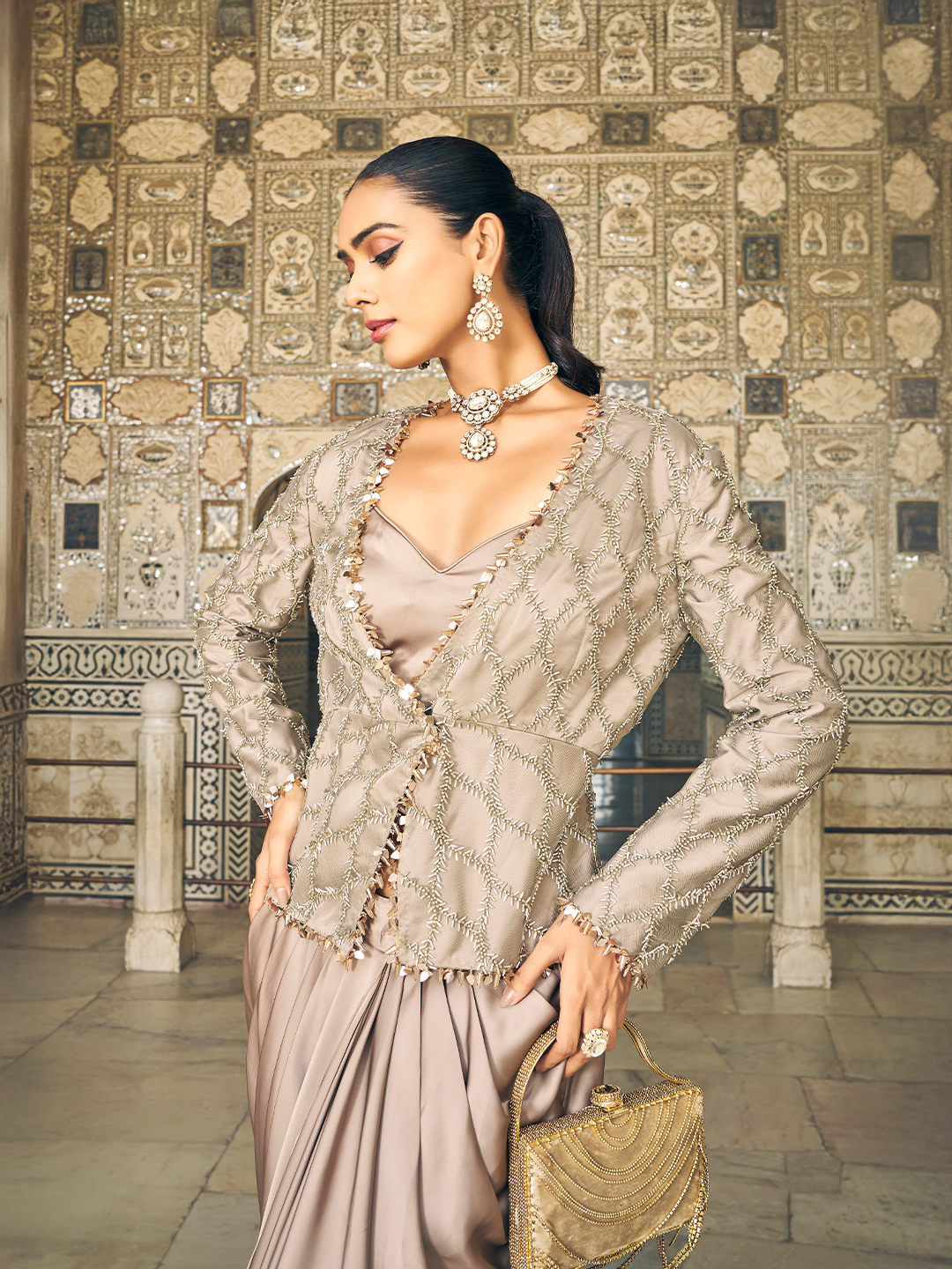 Beige Satin Silk Indo-Fusion Set