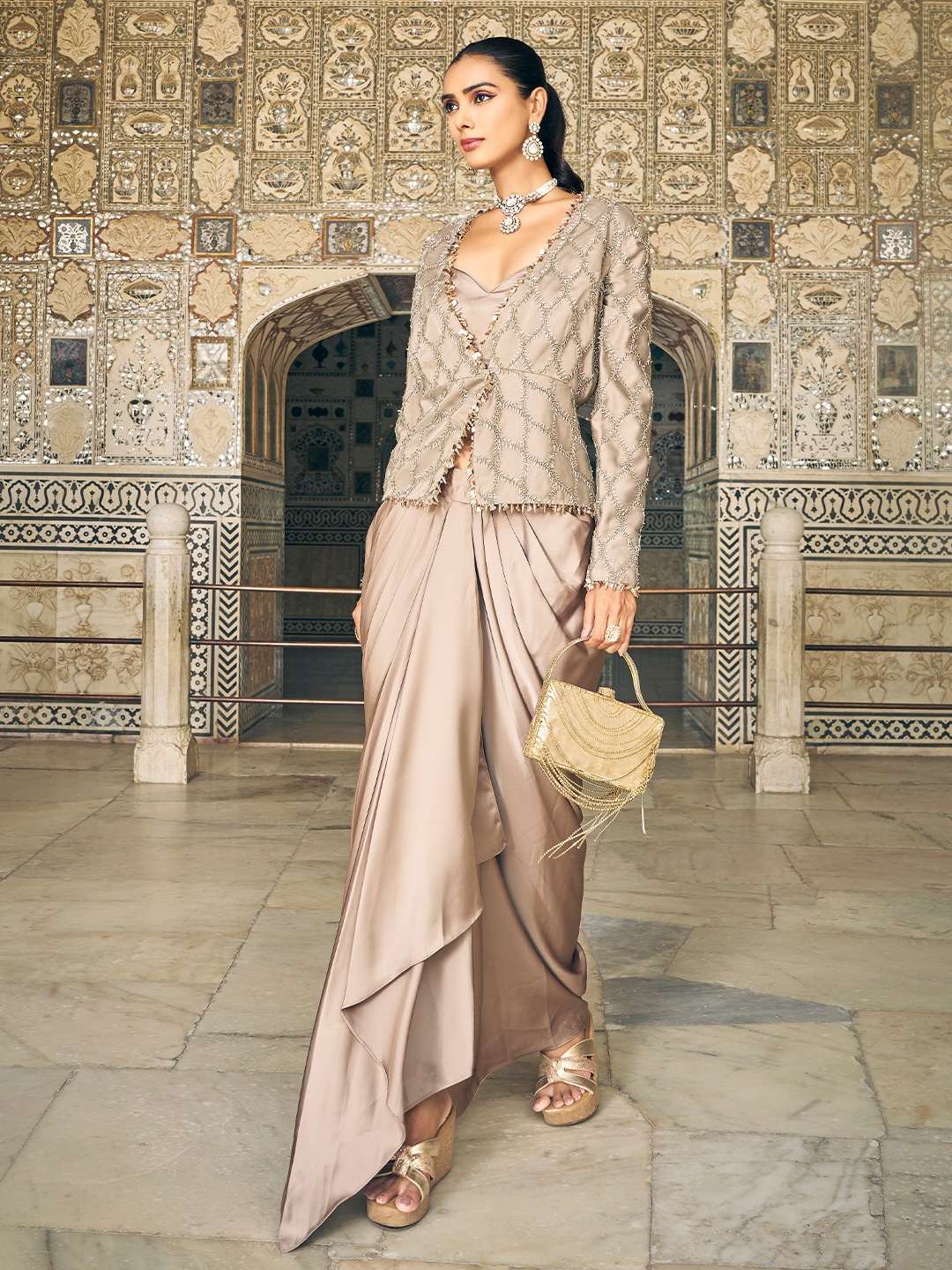 Beige Satin Silk Indo-Fusion Set