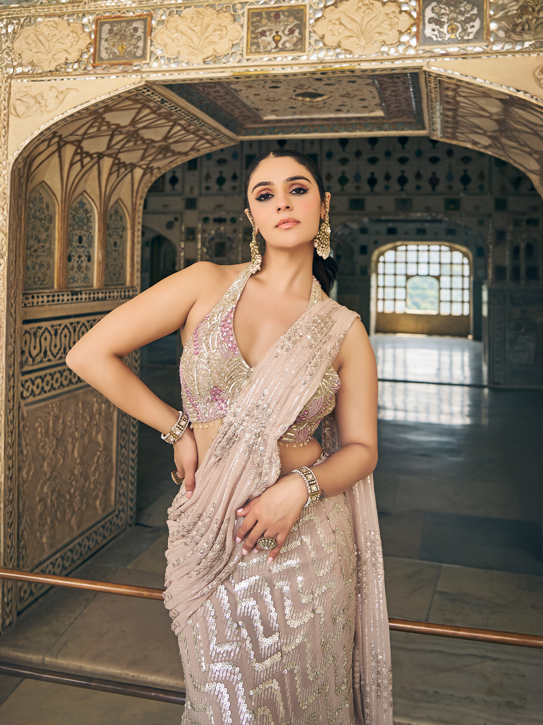 Pink Sequins & Stone Indo-Fusion Lehenga